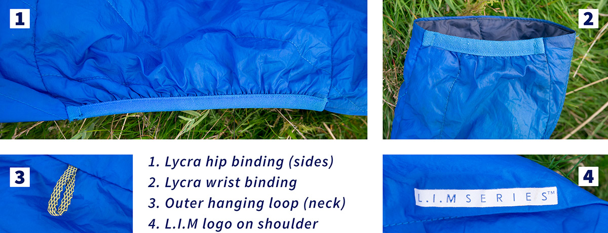 The LIM Barrier features lycra binding at the hips and wrist