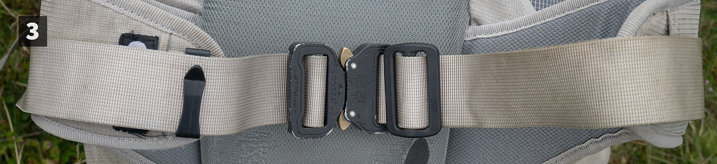 The Crux AX50's removable padded hip belt with a custom AustriAlpin buckle (not included)
