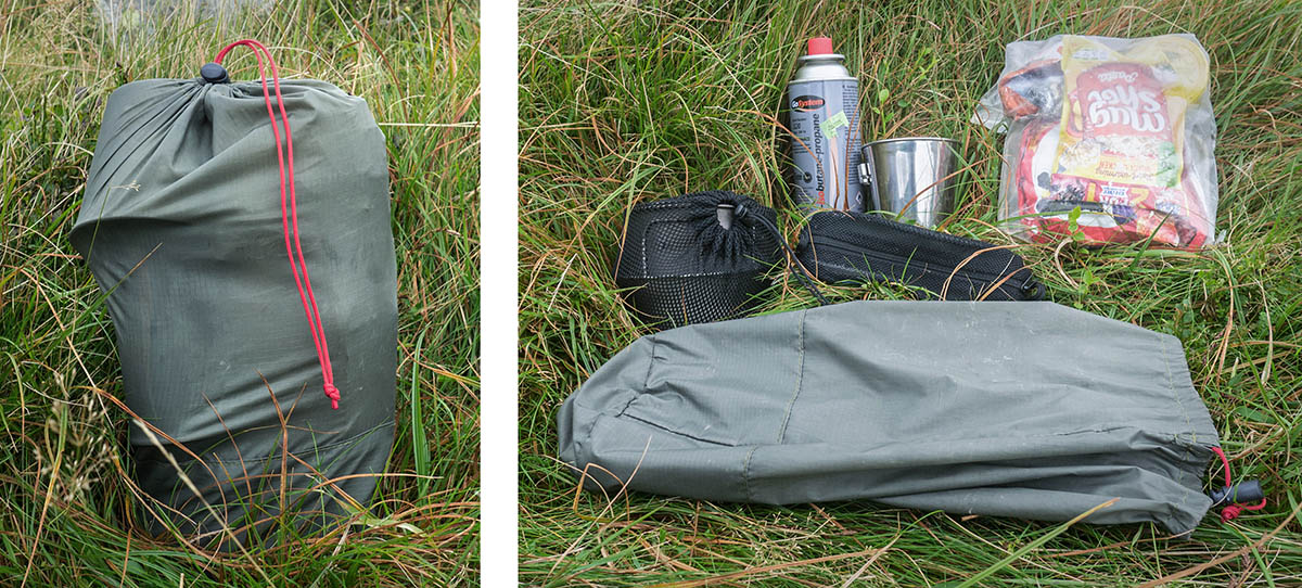 Daily rations are stored with the cooking kit outside the main body of the pack (for easy access)