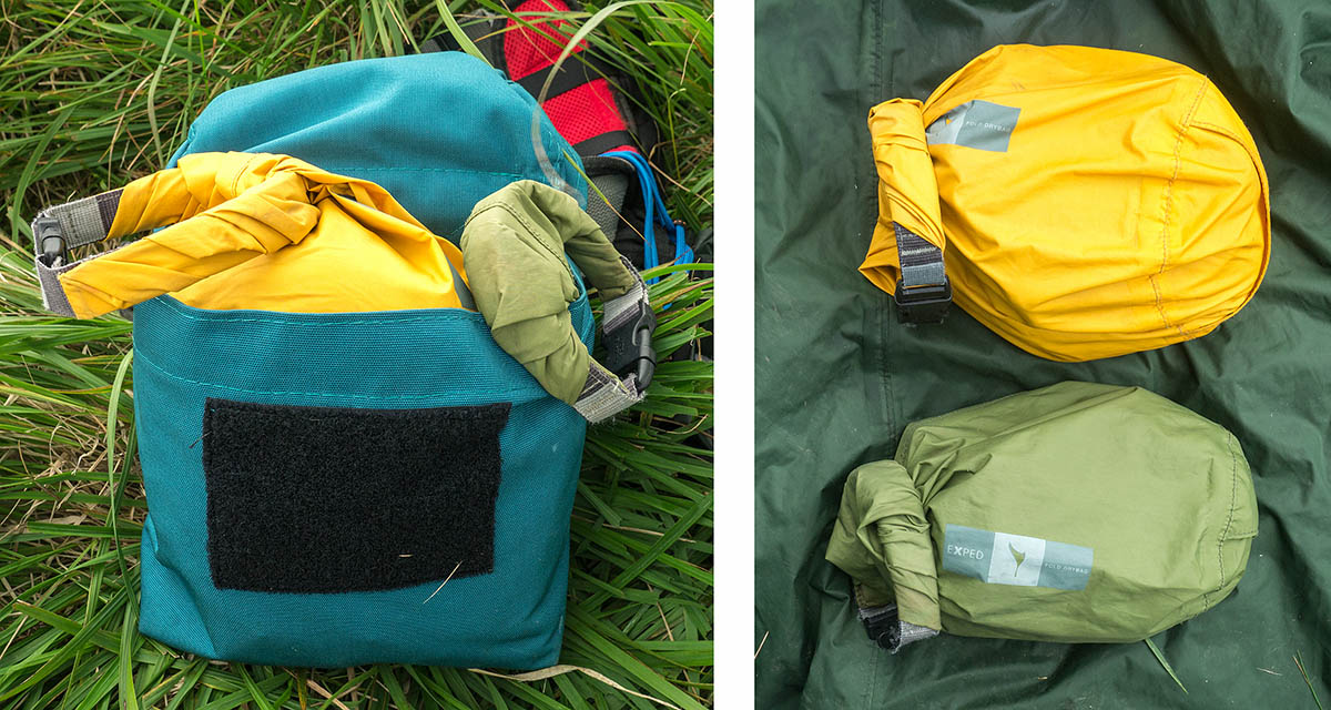 The durable Exped Fold Dry Bags in use with Scramble's Machine Belt Bag